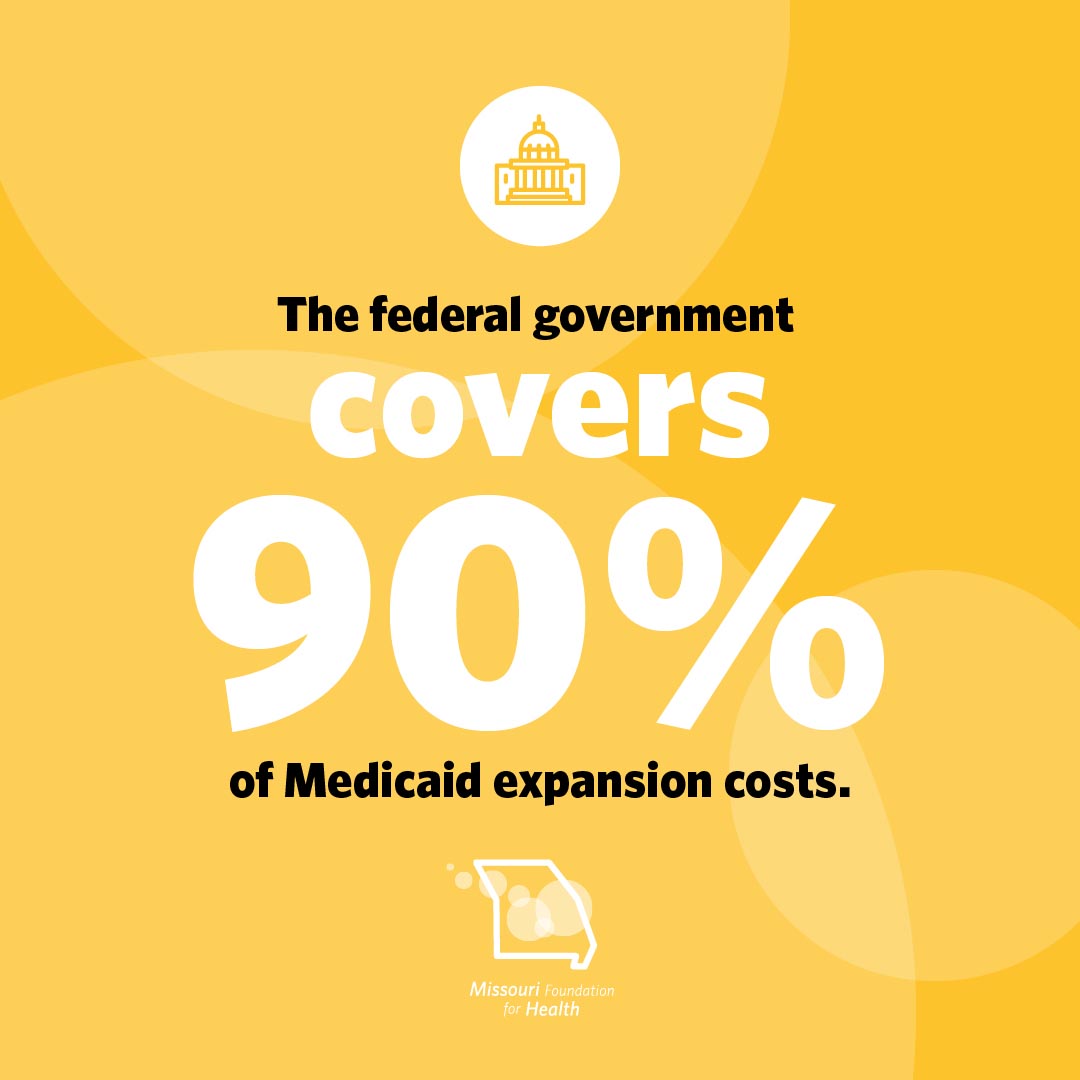 Graphic of a capital icon and text below that states The federal government covers 90% of Medicaid expansion costs. with the Missouri Foundation for Health logo.